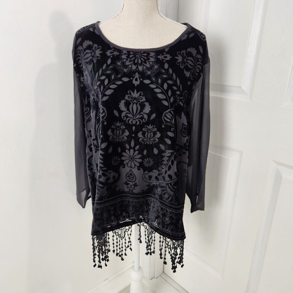 Chicos Top Womens 3 US XL Black Burnout Velvet Fringe Trim Goth Witch Festival